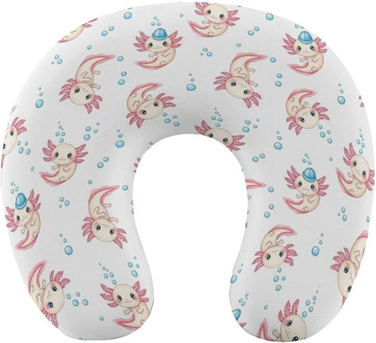 Funny Travel Neck Pillow Memory Foam U Shaped Cushion Cute Adorable Axolotl White, Washable Cover for Men Women Teens Airplane Car Sleep