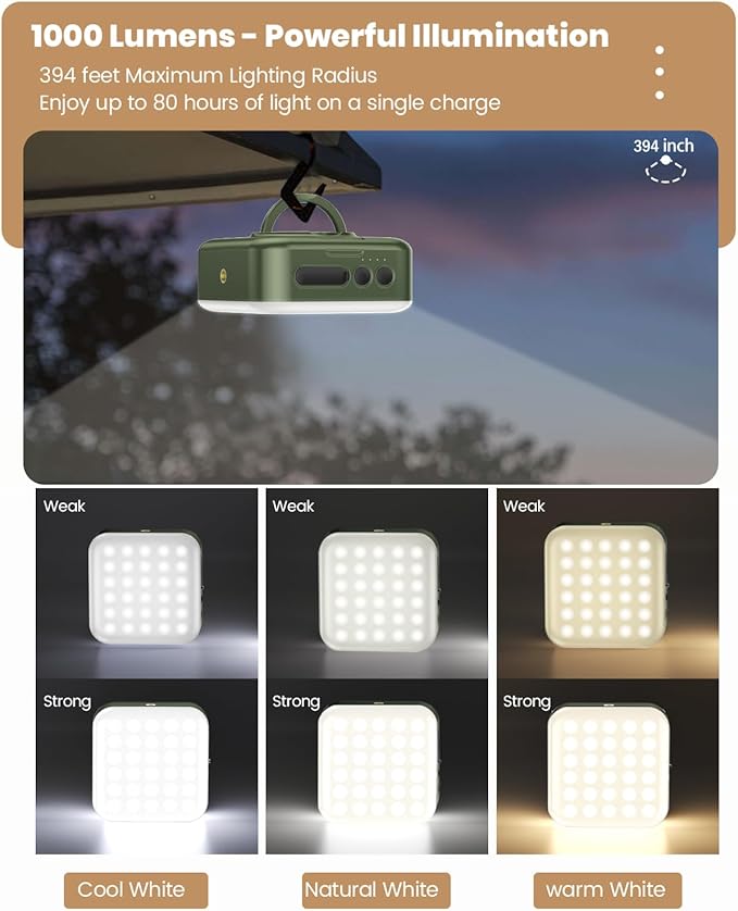 Camping Lantern - Collapsible Solar LED Lamp, 5200mAh Solar/USB Rechargeable, 1000LM, 5 Light Modes, Outdoor IPX4 Waterproof - Portable Emergency Light （Green）