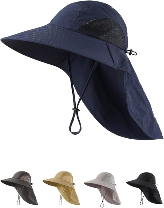 LLmoway Wide Brim Sun Hat with Neck Flap for Men Women Summer Outdoor UV Protection Breathable Fishing Hats with Strap