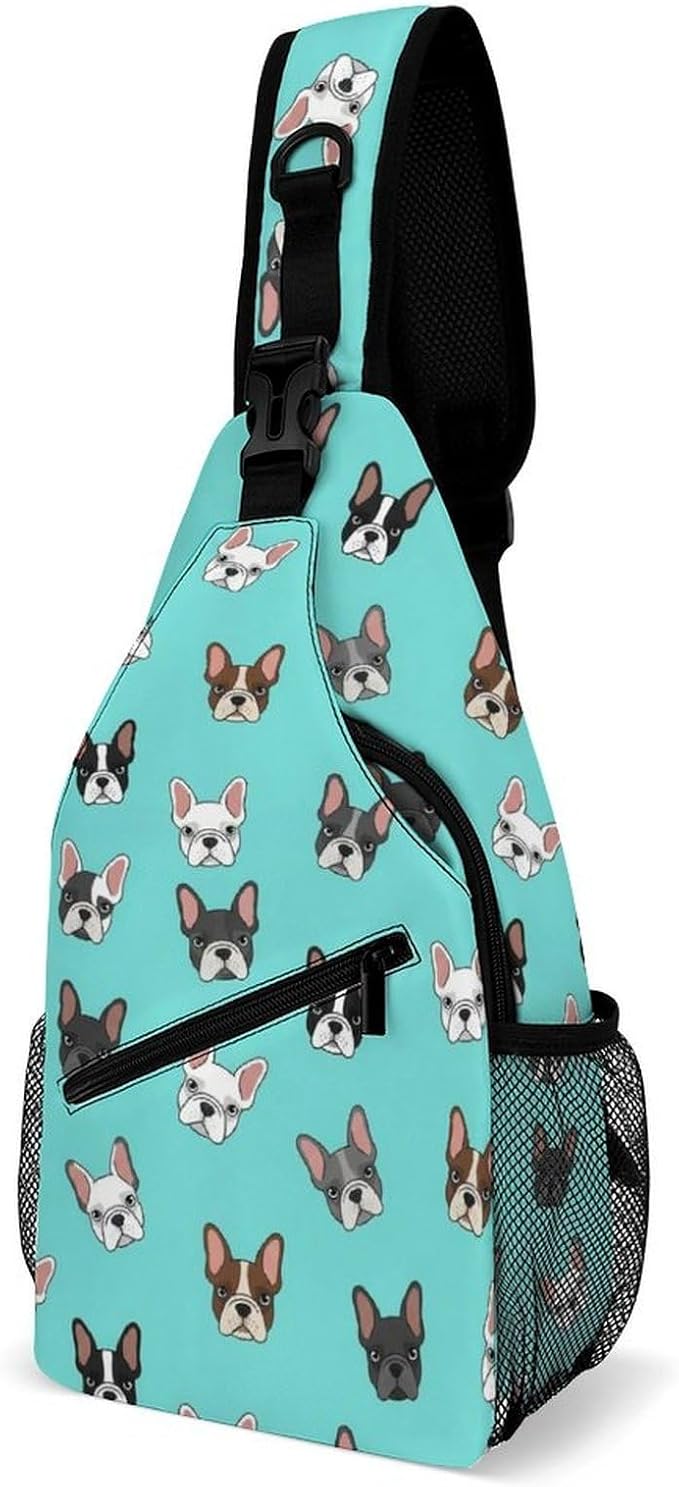 SWEET TANG Lightweight Sling Shoulder Backpack, Adjustable Gym Bags French Bulldog Faces Pattern, Large Capacity Chest Cross Body Bag Daypack, Outdoor Multipurpose Bag