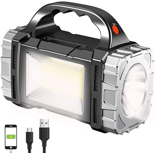 SUYOOULIN Solar Rechargeable LED Soptlight Flashlight, Super Bright 7000LM Handheld LED Searchlight, Multifunctional Camping Lantern Light, 8 Light Modes, Waterproof IPX4, for Emergency, Home