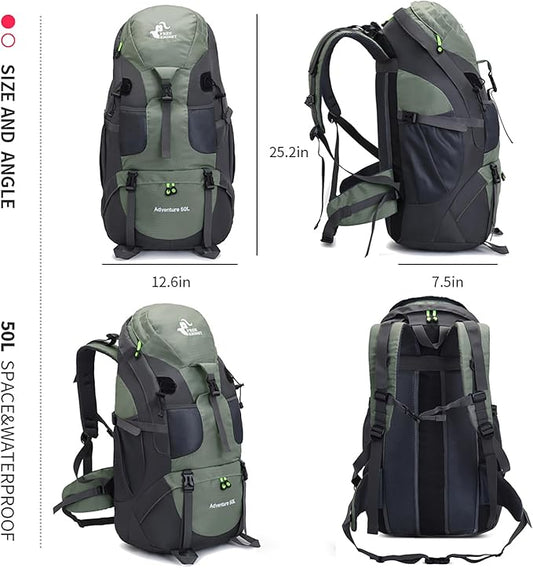 Bseash 50L Hiking Backpack, Water Resistant Lightweight Outdoor Sport Daypack Travel Bag for Camping Climbing Skiing Cycling (Army Green - With Shoe Compartment)
