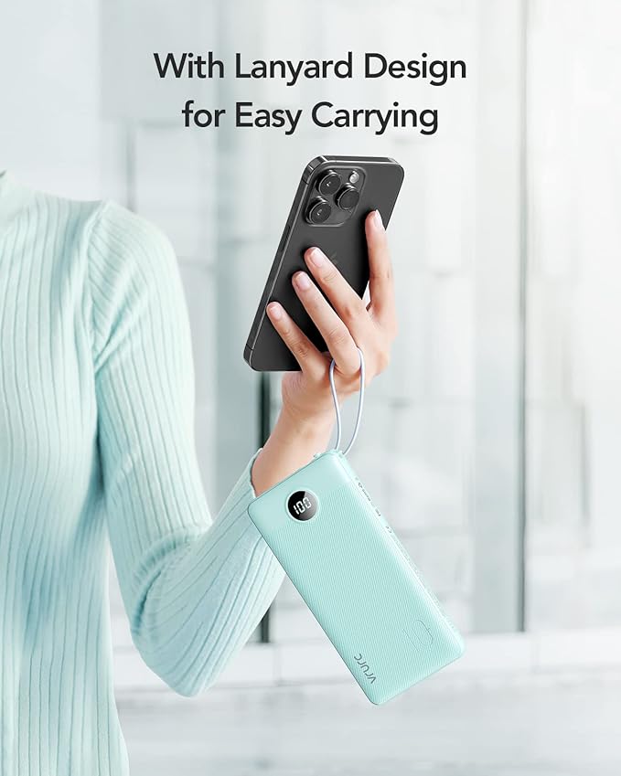 VRURC Portable Charger Power Bank, 10000mAh Travel Essentials Battery Pack, 5 Outputs 2 Inputs Slim Charging Bank Built-in Cables Cords Wires Compatible with iPhone,Samsung,Android-Green(1 Pack)