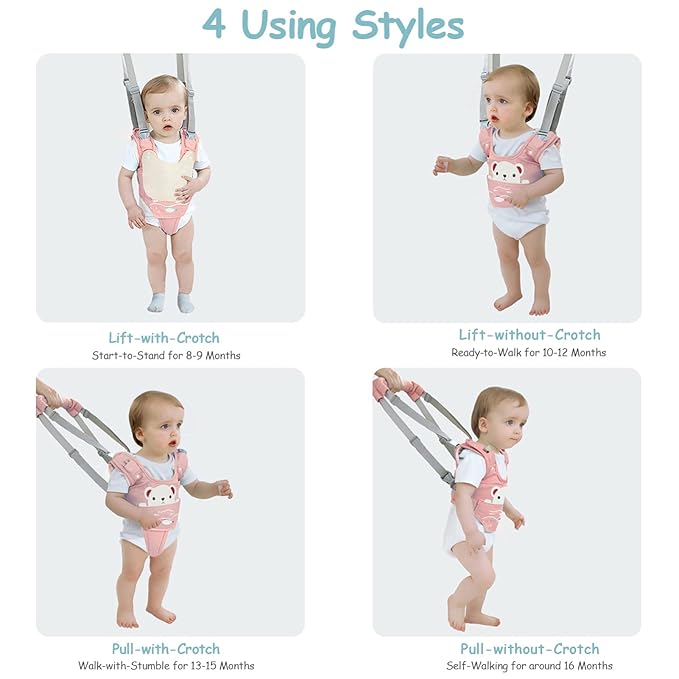 Baby Walking Harness Handheld Baby Walker Assistant Belt Adjustable Toddler Infant Walker Safety Harnesses Standing Up and Walking Learning Helper with Detachable Crotch for 9-24 Month (Pink)