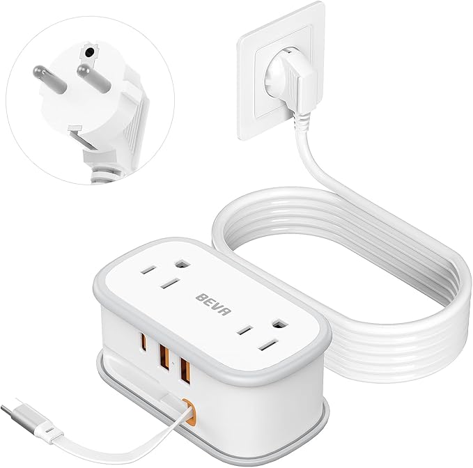 European Travel Plug Adapter, US to Europe Plug Adapter 2 Outlets 3 USB Ports, 5ft Power Cord with USB C Cable, Type E F Plug Adapter for US to Most of Europe Iceland Spain Italy France
