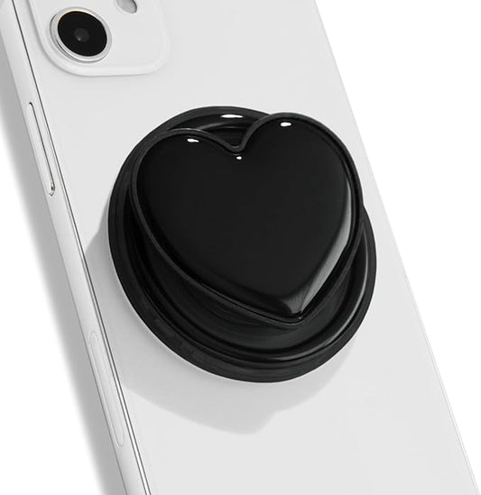 OnTheGrip Cute Solid Macaron Color Heart Shape Collapsible Mobile Phone Grip Stand Holder for Smartphone Tablet Cell Phone Accessory (Black)