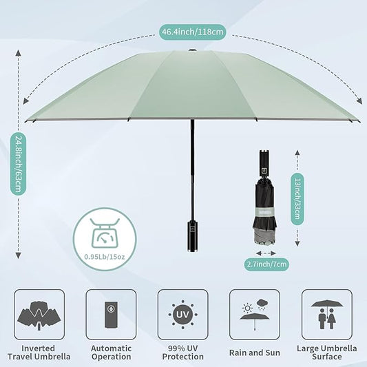 Yoobure Inverted Windproof Travel Umbrella - Automatic Umbrellas for Rain, Compact Folding with Reflective Stripe, Portable Large for Backpack, Lightweight with Sun UV Protection
