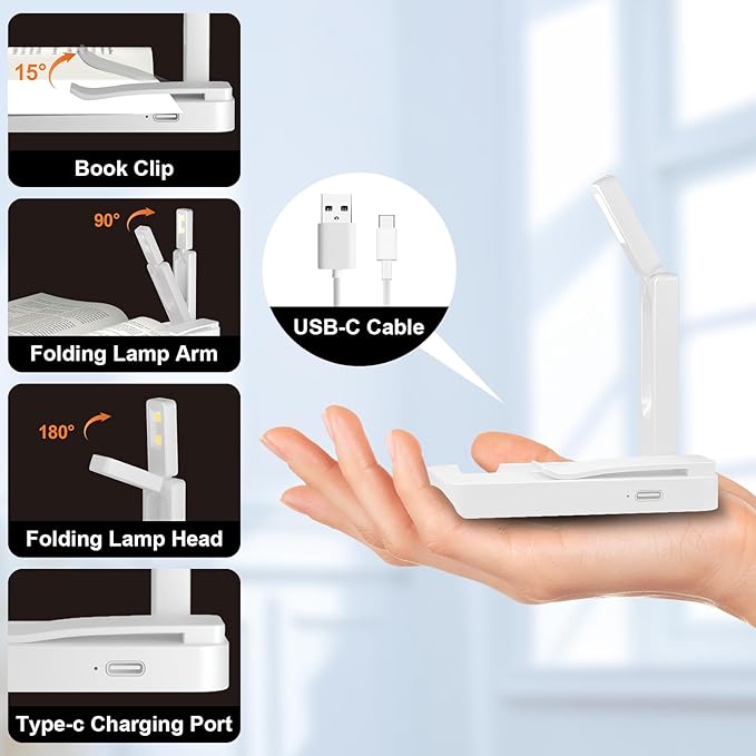 NEWZCLA【2 Pack】Rechargeable Book Light for Reading in Bed,Foldable Clip-On Reading Light,Lightweight 3 Color Amber Eye Care & Stepless Dimming,80H Lasting LED Lamp Gifts for Book Lovers,Travel/2*White