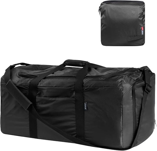 pack all 65L Foldable Travel Duffel Bag, Packable Weekender Bag with Shoe Compartment, Water-Resistant Gym Bag with Adjustable Strap for Overnight, Sports and Camping (Black)