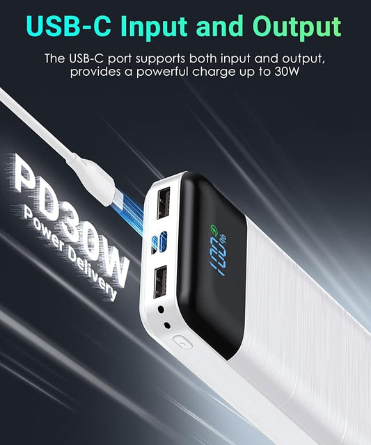 Power-Bank-Portable-Charger - 32000mAh Power Bank Output 5V3A Fast Charging Portable Charger with Built-in LED Display Compatible with Smartphones and All USB Devices (White)