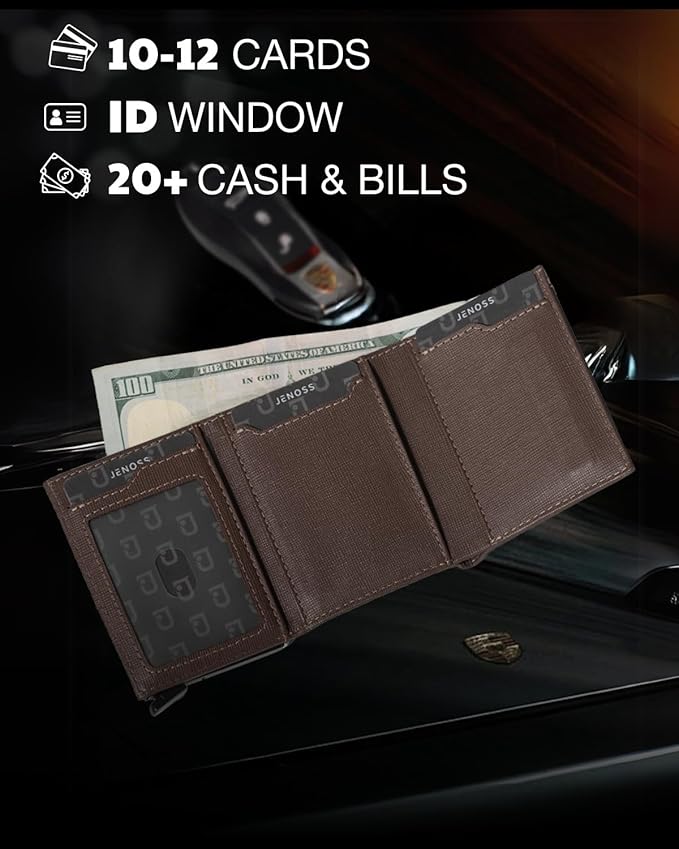Jenoss Smart Wallet For Men: Full Grain Leather, Handcrafted, Slide Metal Pop Up Case, Slim RFID Blocking Credit Card Holder, Compact 12 Cards Slot Organizers, ID, Money Clip (Brown & Cream)