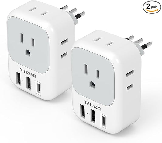 Italy Travel Plug Adapter 2 Pack, TESSAN Italy Power Adaptor with 4 Outlets 3 USB Charger (1 USB C Port), Type L Adapter for US to Chile Libya Syria Tunisia Uruguay
