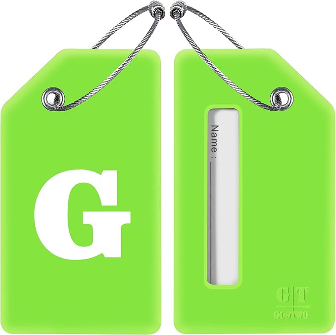 Gostwo 2 Pack Silicone Luggage Tags for Suitcases, 26 Initial Letter Baggage Labels Handbag School Bag Suitcase Instrument Tag with Stainless Steel Loop(Green)(Letter G)
