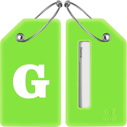 Gostwo 2 Pack Silicone Luggage Tags for Suitcases, 26 Initial Letter Baggage Labels Handbag School Bag Suitcase Instrument Tag with Stainless Steel Loop(Green)(Letter G)