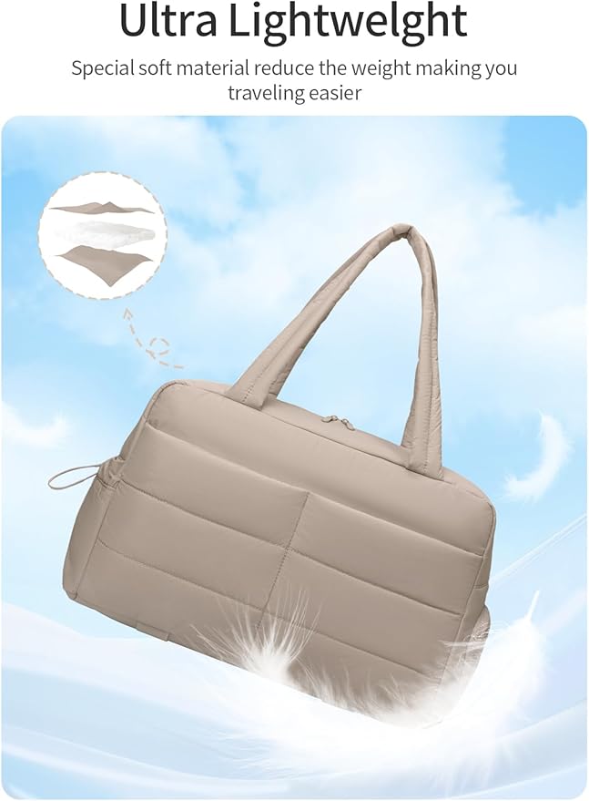 Gitus Carry On Duffle Gym Bag for Women Puffer Weekender Overnight Duffel Bag for Travel with Clear Toiletry Pouch Sport Yoga Fitness Essentials Gifts (Camel)
