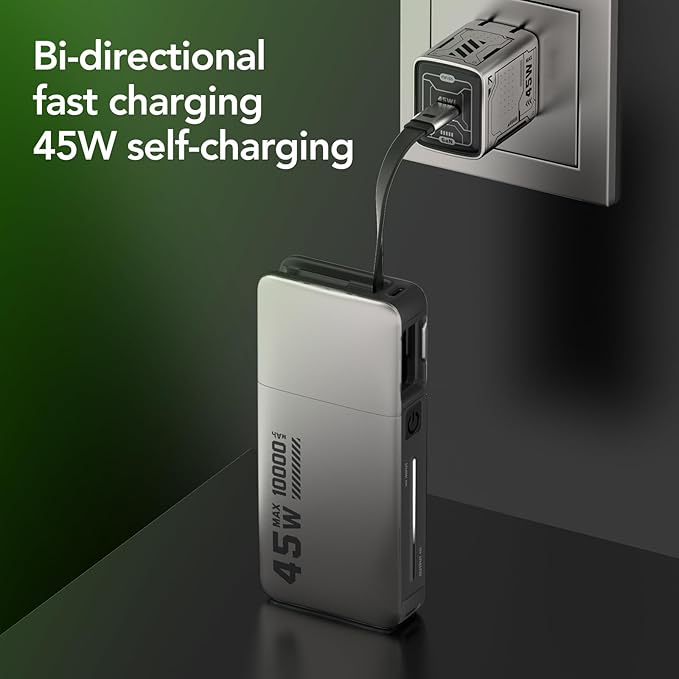 MFish 10000mAh Portable Charger, 45W PD Fast Charging Power Bank with Retractable Built-in USB-C Cable, Flight-Safe Travel Battery Pack for iPhone 17/16 Pro Max, Samsung S25 S24, iPad, Google etc