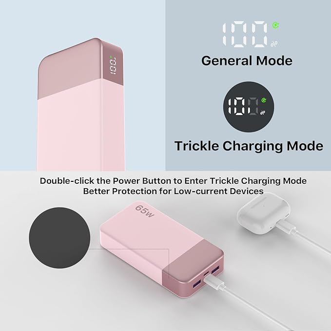 NOBIS 20000mAh Battery Pack Power Bank 65W Power Bank, Portable Charger with Digital Display, Dual USB-C/USB-A Fast Charging for Laptop, Phone, Tablet, Travel-Friendly External Battery Pack