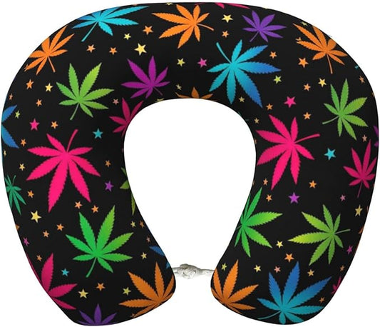 Unique Travel U Shaped Pillows Neon Weedleaf Trippy Leaves for Airplanes Car Flight, Comfortable Chin Head Neck Cushion Supporting, Polyester Removable Cover