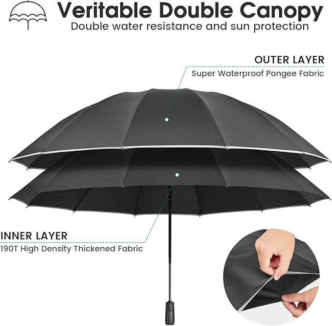 G4Free 54 Inch Large Double Layer Inverted Umbrella, 12 Ribs Compact Windproof Automatic Folding Reverse Umbrella with Reflective Strip for rain