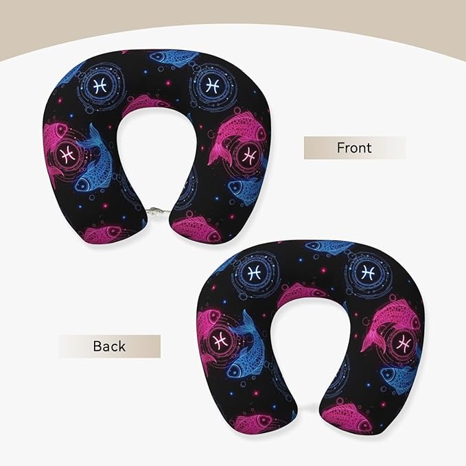 Neck Travel Pillow, Women Men Washable Airplane Car Pillows Neon Fish Zodiac Pisces, Head Support Rest U Shaped Cushion Comfortable for Watching TV