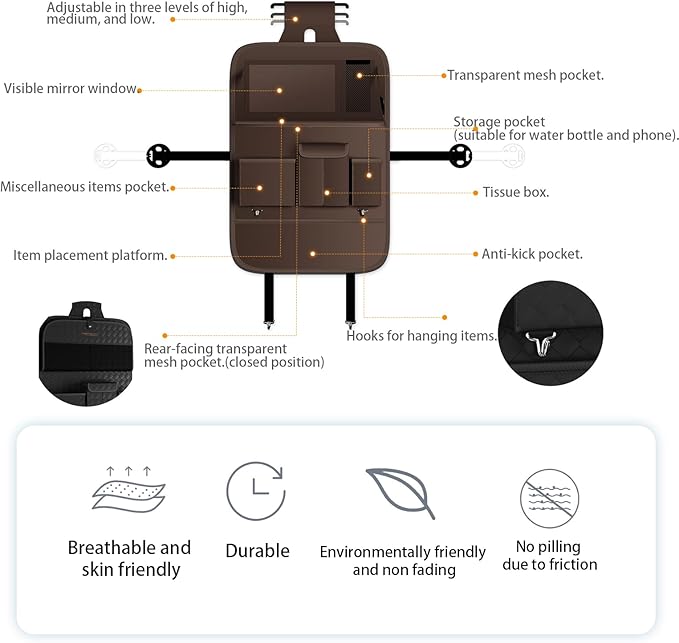 GMQ Back Seat Car Organizer 1 Pack,Backseat Organizer with Tray,Multifunctional Car Seat Back Storage Box with Foldable Tablet Holder (Coffee, Plain weave)
