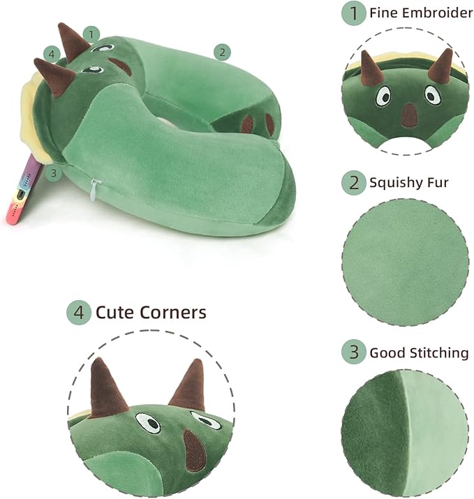 Niuniu Daddy Dinosaur Kids Travel Neck Pillow Road Trip Essentials for 3-8 Years Old, Memory Foam Dino Portable Pillow for Airplane Travel Essentials, Green Triceratops Cervical Pillow for Boys Girls