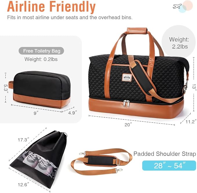 Weekender Bags for Women, Travel Duffle Bag Carry On Travel Bag Overnight Bag with Shoe Compartment Toiletry Bag, Large Weekend Tote Bag Gym Bag Hospital Bag for Labor and Delivery, 50L Quilted Black