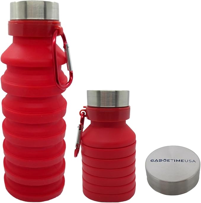 Collapsible Water Bottle (Red) Reusable, BPA Free, Silicone, Foldable Portable & Leak Proof - Water Bottles for Travel Gym Camping Hiking - Sports Water Bottle with Carabiner