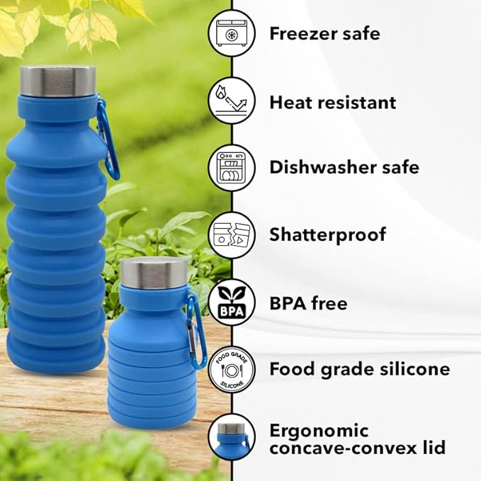 Collapsible Water Bottle (Blue) - Reusable, BPA Free, Silicone, Foldable Portable & Leak Proof - Water Bottles for Travel Gym Camping Hiking - Sports Water Bottle with Carabiner