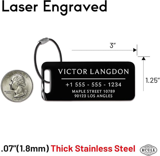 Personalized Luggage Tags for Suitcases - Stainless Steel Custom Luggage Tags for Backpacks & Bags, Sturdy, Waterproof & Heavy Duty (Black / 3" x 1.25")