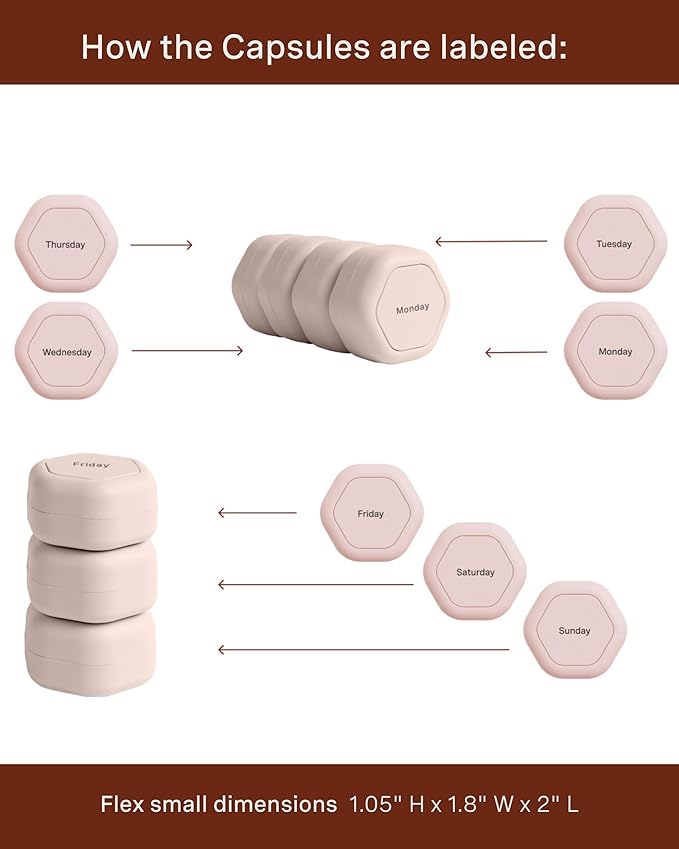 Cadence Travel Containers - Pill Case Set - Magnetic Travel Capsules,Daily Medicine Organizer for Pills, Supplements, & Vitamins - 7 Flex Smalls (0.56oz) for Weekly Pill Organizer - Petal