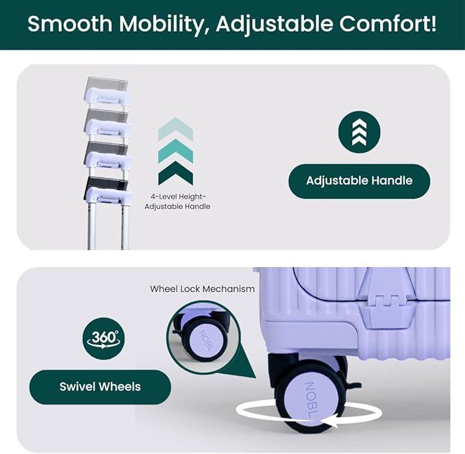 Nobl Travel Carry On Luggage, Noble Zipperless Aluminum Frame PC Hard Shell Suitcase, 22.5x15x9.5 Airline Approved, 360° Spinner Wheels, TSA Locks, USB Charging Port, Cup & Phone Holder - Lavender