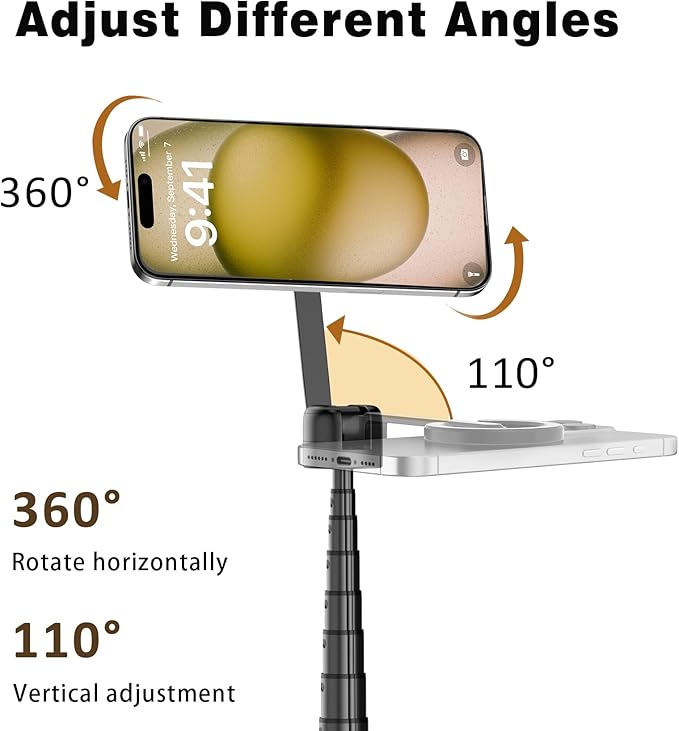 TONEOF 68" Magnetic Selfie Stick Tripod with Aluminum Strong Magnetic Holder for Magsafe, 360° Rotatable Travel Phone Tripod Stand with Metal Ring & Rechargeable Remote for iPhone/Android（Black）