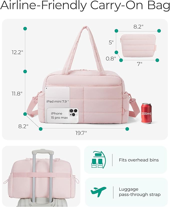 BAGSMART Gym Bag for Women, Lightweight Puffer Duffle Bag 2-PC Travel Bag, 31L Weekender Overnight Bag Quilted Carry On Tote Bag, Diaper Hospital Dance bag for Travel, Gym, Water Resistant, Pink