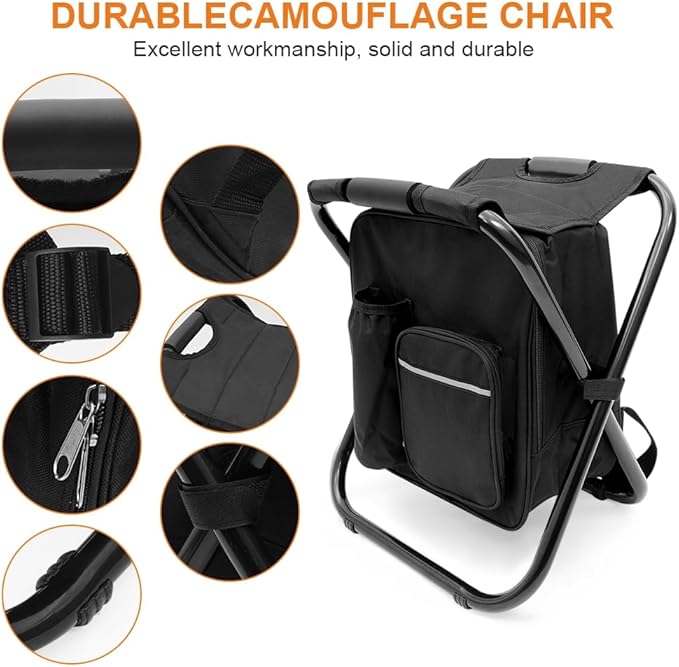 Portable Folding Camping Stool, Backpack with Cooler Bag, Hiking Seat, Outdoor Fishing Hunting Gifts, Black