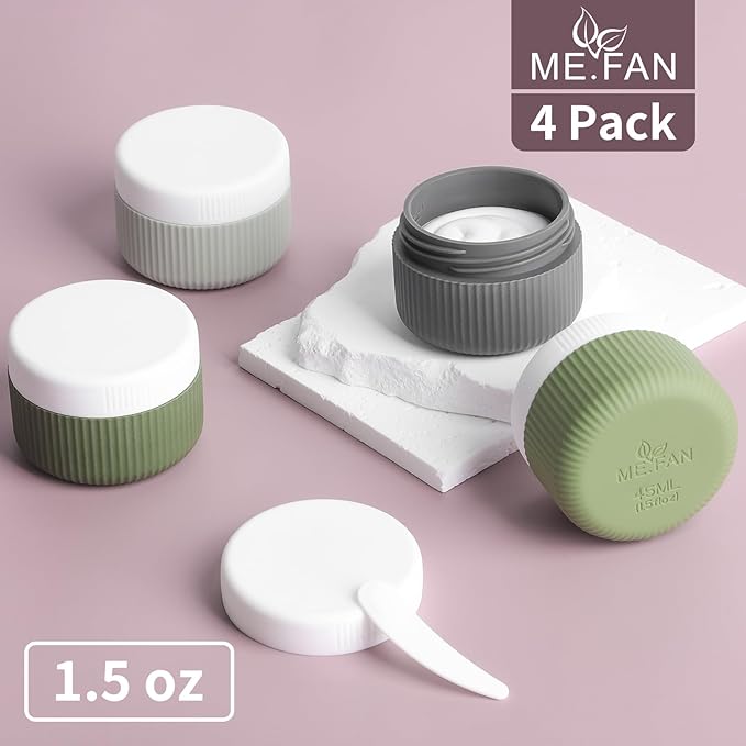 ME.FAN Travel Containers for Toiletries, TSA Approved 1.5 oz Silicone Cream Jars, Leak-proof Journey Containers, Trip Accessories with Lid for Cosmetic Face Hand 4 Pack White Lid - Desert Sage