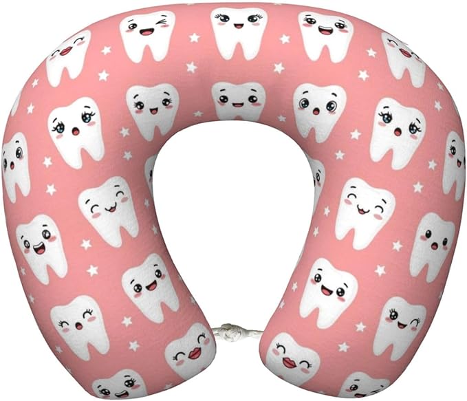 Travel Neck Pillow for Pain Relief Sleeping, Cute Dental Teeth Pink, Comfortable Memory Foam Chin Head Cushion Support with Zip Cover, Fashion Car Flight Pillows