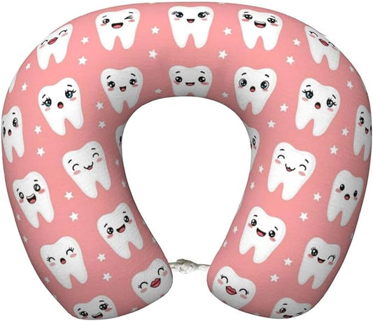 Travel Neck Pillow for Pain Relief Sleeping, Cute Dental Teeth Pink, Comfortable Memory Foam Chin Head Cushion Support with Zip Cover, Fashion Car Flight Pillows