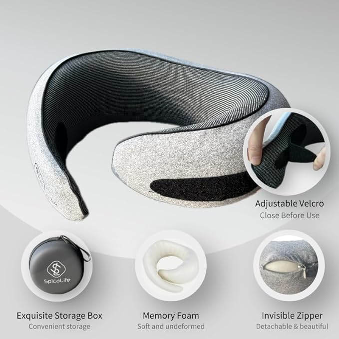 Premium Memory Foam Travel Neck Pillow – Ergonomic Design, Adjustable Strap, Lightweight with Carry Case – Perfect for Travel, Office, and Long Drives (Light Grey)