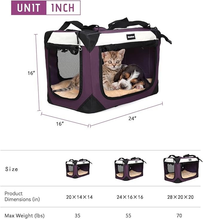 Large Cat Carrier, Collapsible Dog Travel Crate Portable Soft-Sided Pet Carrier with Super Soft Warm Plush Mat for Indoor and Outdoor 24x16x16in,Purple