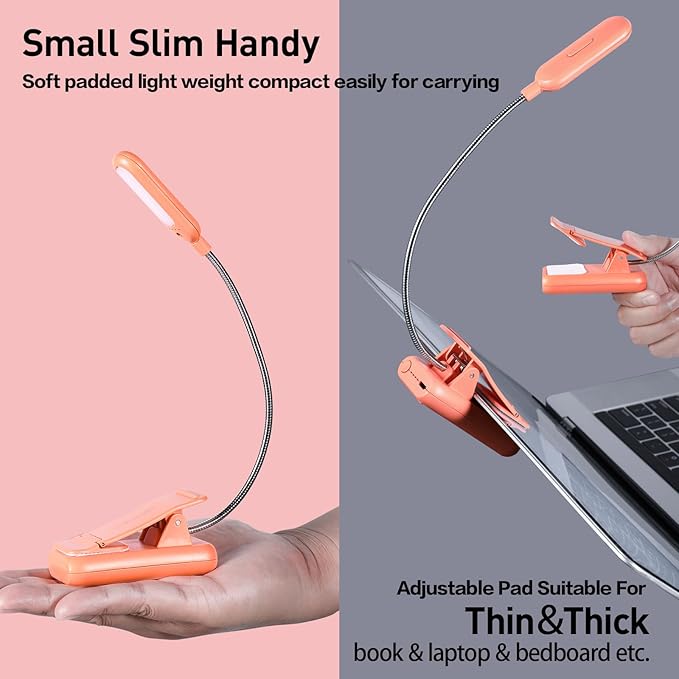 VAVOFO Rechargeable Book Light for Reading in Bed Kids, 7 LED Reading Light with 9-Level Warm Cool White Daylight, Eye Care Lamp with Power Indicator for Bookworms (Orange)