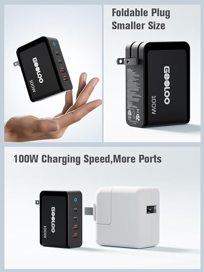 GOOLOO 100W USB C Charger Block, 4-Port Foldable Compact Fast Wall Charger for MacBook Pro/Air/iPad/iPhone Series and More, SuperSafe Power Adapter for GT3000/GT4000S/GT4000/GT6000/A7 Jump Starters