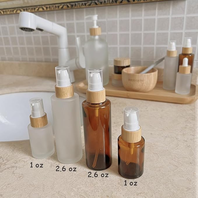 Empty Cosmetic Glass Lotion Bottles 1 oz/30ml 4 PACK with Pump Refillable Dispenser for Emulsion,Moisturizer Cream Liquids,Essential Oil Skin Care Travel Containers(Brown Clear)