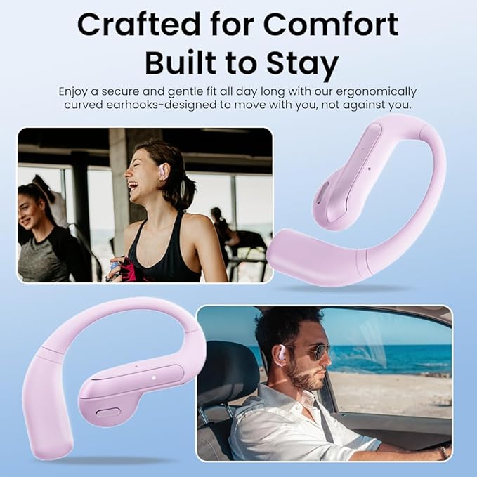 Open Ear Bluetooth 5.3 Earbuds, Wireless Headphones Sport Over Earphones Built-in Mic with Ear Hooks, 58H Playtime Ear Buds Fast Charging, IPX7 Waterproof for Running/Workout—Purple