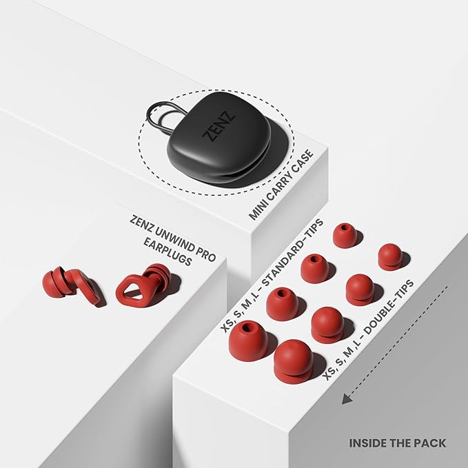 Zenz Unwind Pro Ear Plugs for Sleeping Noise Reduction – Soft Silicone Reusable Earplugs for Sleep, Focus & Work – 35dB Noise Reduction with Storage Case – XS/S/M/L Eartips (Fiery Red, One Size)
