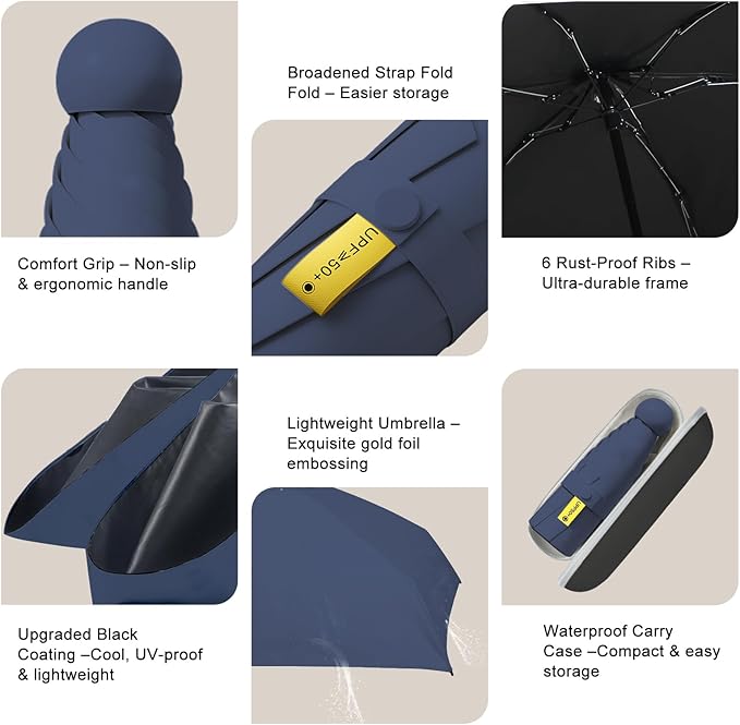 Compact Travel Umbrella - Mini Manual Umbrella for Purse, Windproof & UPF 50+ Sun & Rain Protection, Lightweight Portable Folding with Case for Women, Men，Kids