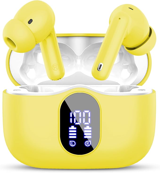 Wireless Earbuds, Bluetooth 5.4 Headphones Bass Stereo, Ear Buds with Noise Cancelling Mic, LED Display in Ear Earphones Clear Calls, IP7 Waterproof Bluetooth Earbuds for Laptop/Phones/Sports, Yellow