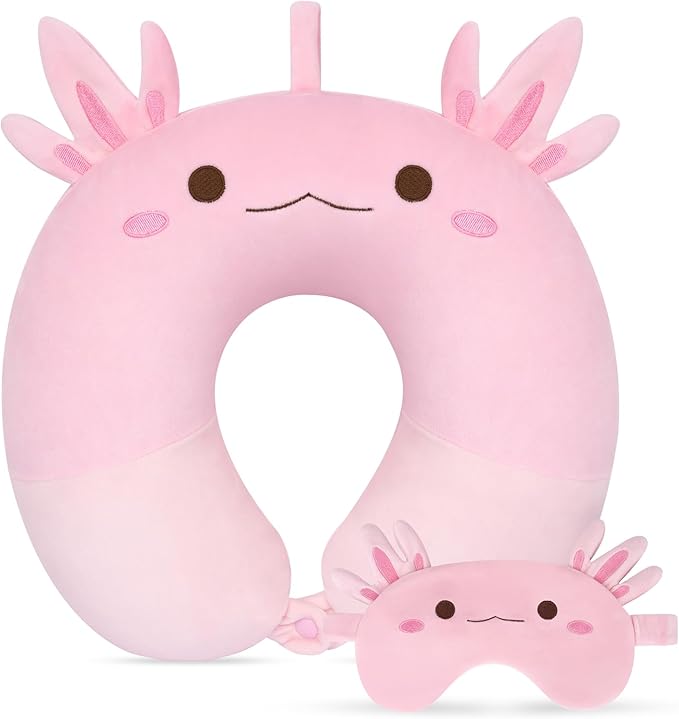 Kids Travel Pillow, Kid Neck Pillows with Eye Mask Cute Axolotl U Shaped Neck Pillow, Neck Support Travel Pillow for Road Trip, Airplane, Travel Pillow for Kids & Adults