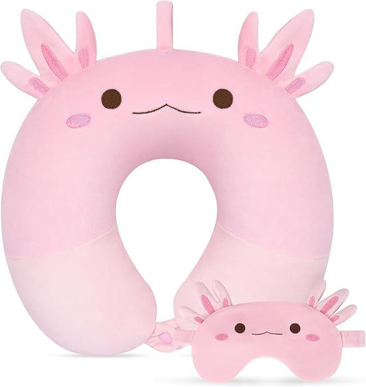 Kids Travel Pillow, Kid Neck Pillows with Eye Mask Cute Axolotl U Shaped Neck Pillow, Neck Support Travel Pillow for Road Trip, Airplane, Travel Pillow for Kids & Adults