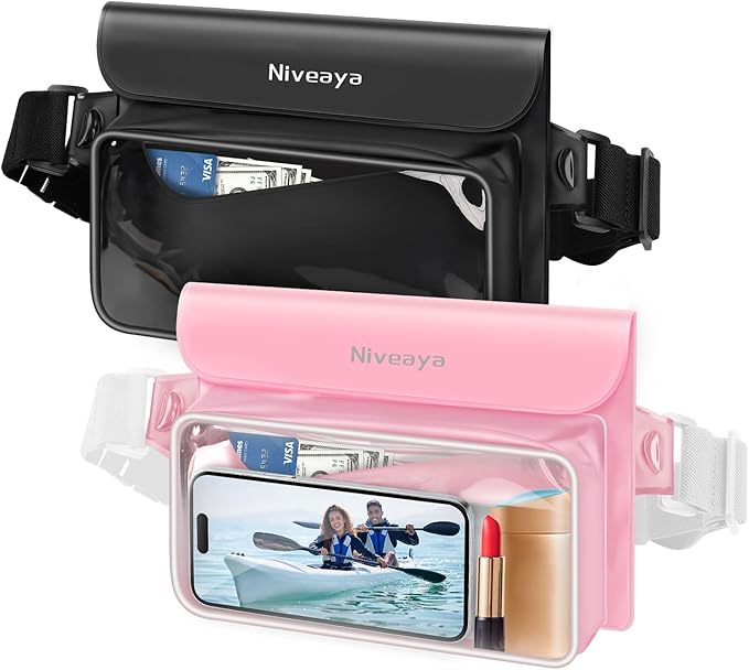 Niveaya IP68 Waterproof Fanny Pack - 2 Pack, Floating Dry Bag Pouch, Phone Waterproof Waist Pouch Dry Bag, Beach, Kayaking, Swimming, Boat Essentials, for iPhone 17/16/15/14/13/12 Pro Max up to 9.5"